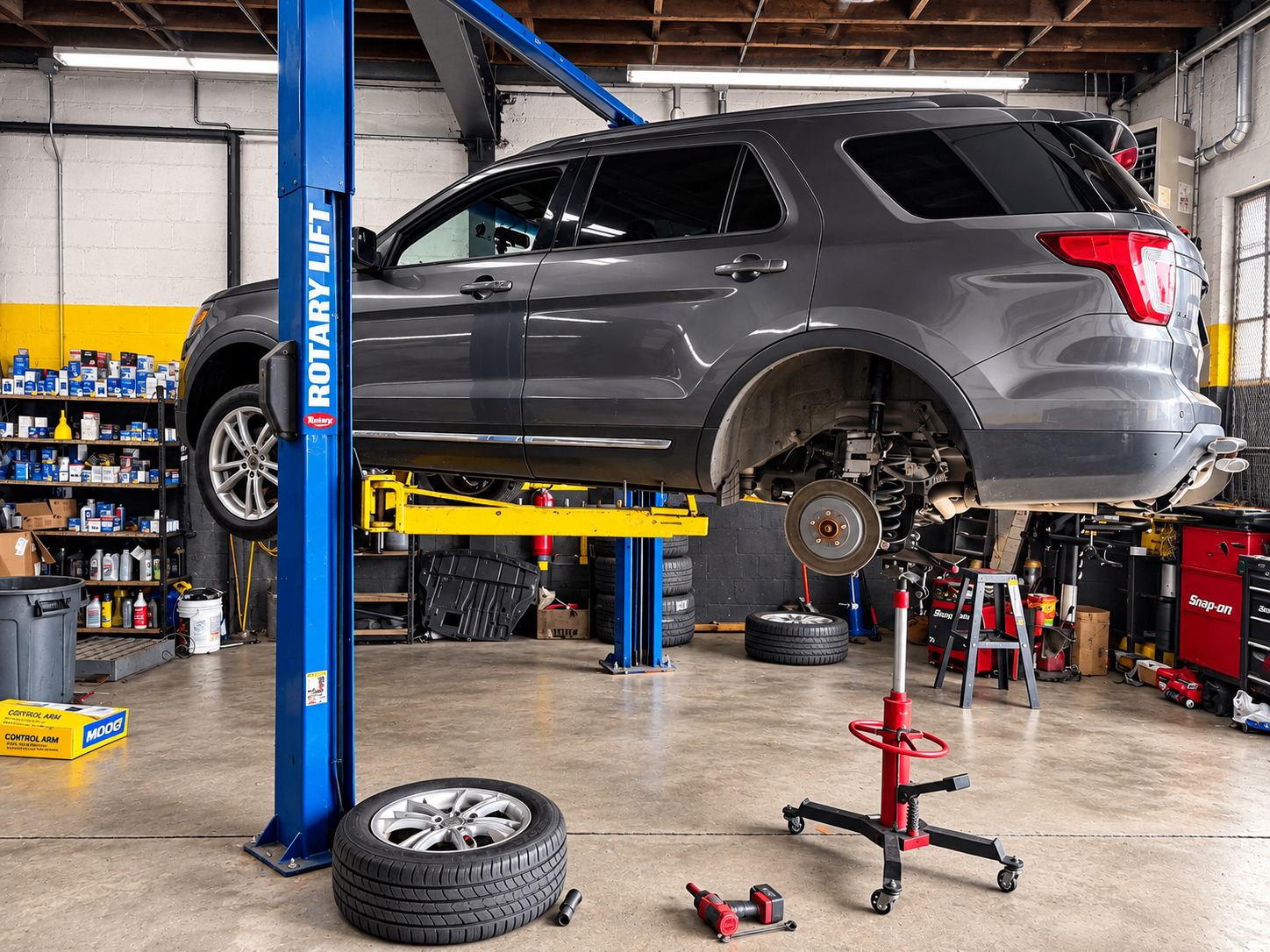 SUV raised on a rotary lift for suspension and undercarriage work