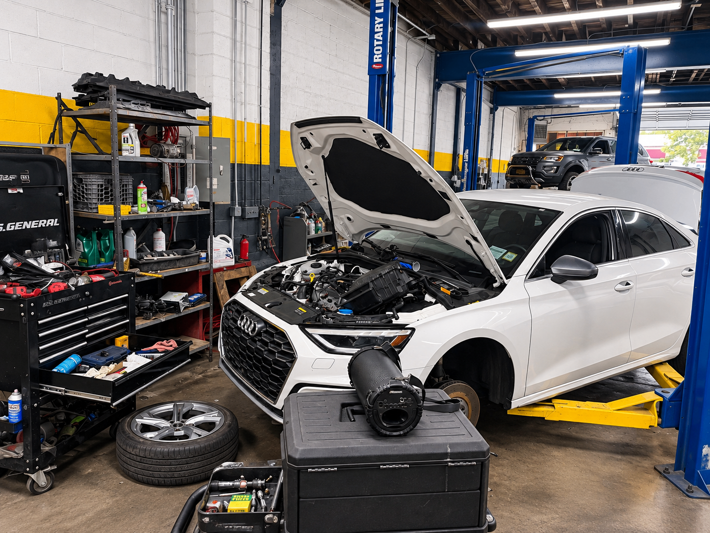 Technician workspace with a vehicle on a lift inside the Mastercraft shop